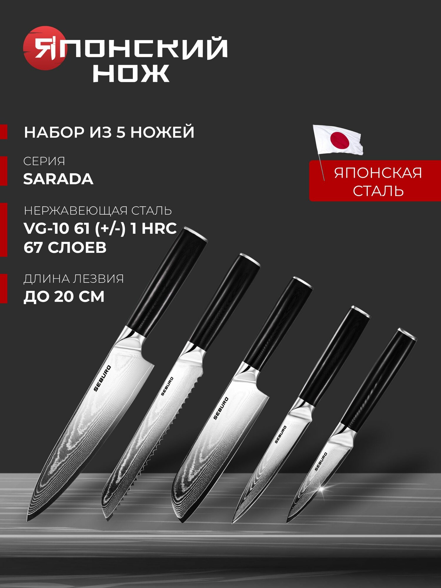 Набор профессиональных кухонных ножей Seburo SARADA Damascus All inclusive - японские ножи в подарочной упаковке 5 шт