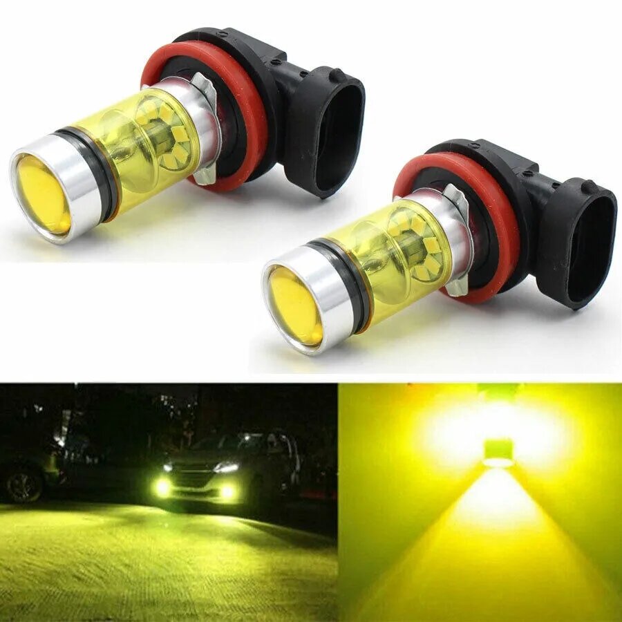 2x H8 LED противотуманные фары, 3000K, желтый, 100W