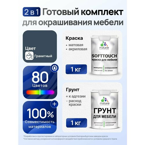 фото Комплект malare для окрашивания мебели, кухонных фасадов (1кг грунт + 1кг краска), без запаха, цвет гранитный