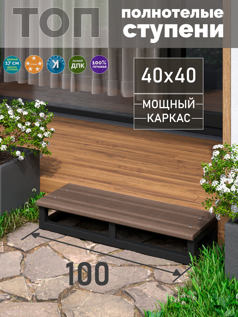 Лестница Топ-1 ступень венге ширина 100 с полнотелыми ступенями из ДПК приставная каркас 40х40 мм 17х100х34 см