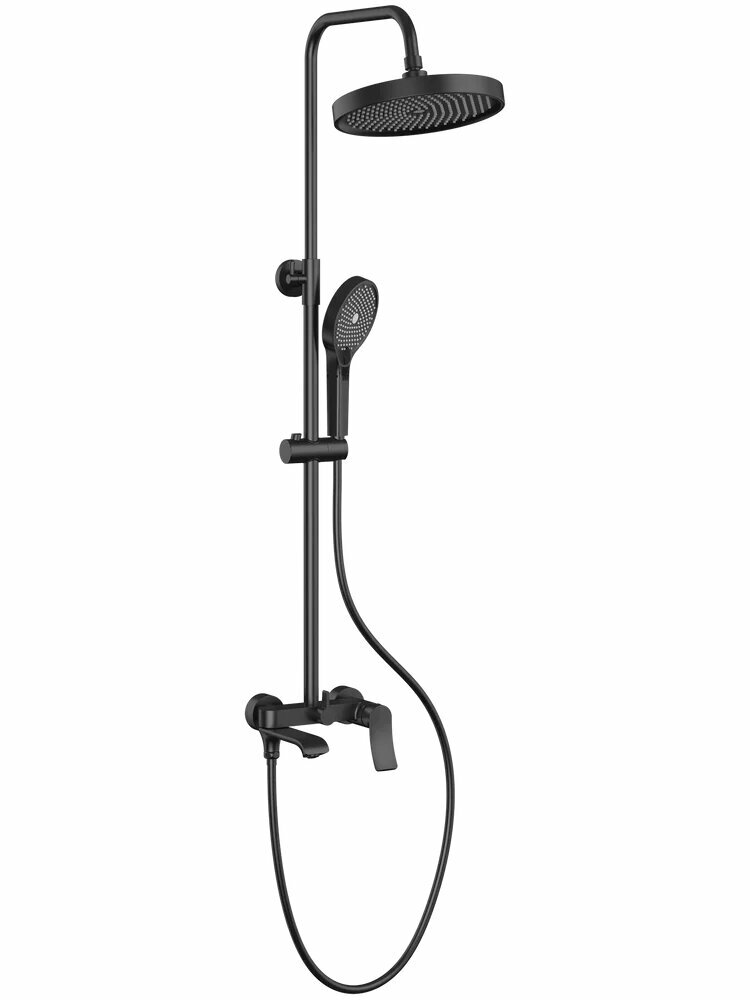 Душевая стойка Haiba HB24553-7 со смесителем, черная, матовая, душевая система с тропическим душем, с изливом, с лейкой, латунная, рычаг сбоку