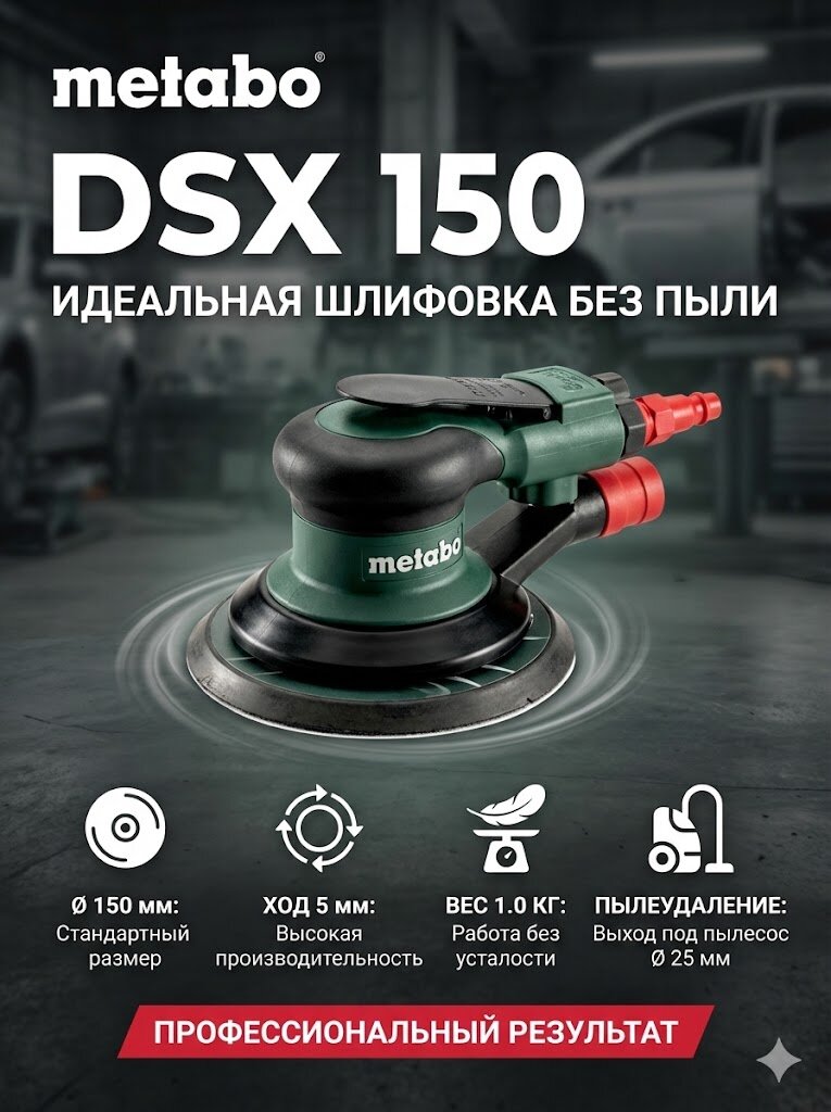 Пневматическая эксцентриковая шлифовальная машина Metabo DSX 150 601558000, для плоских и изогнутых поверхностей