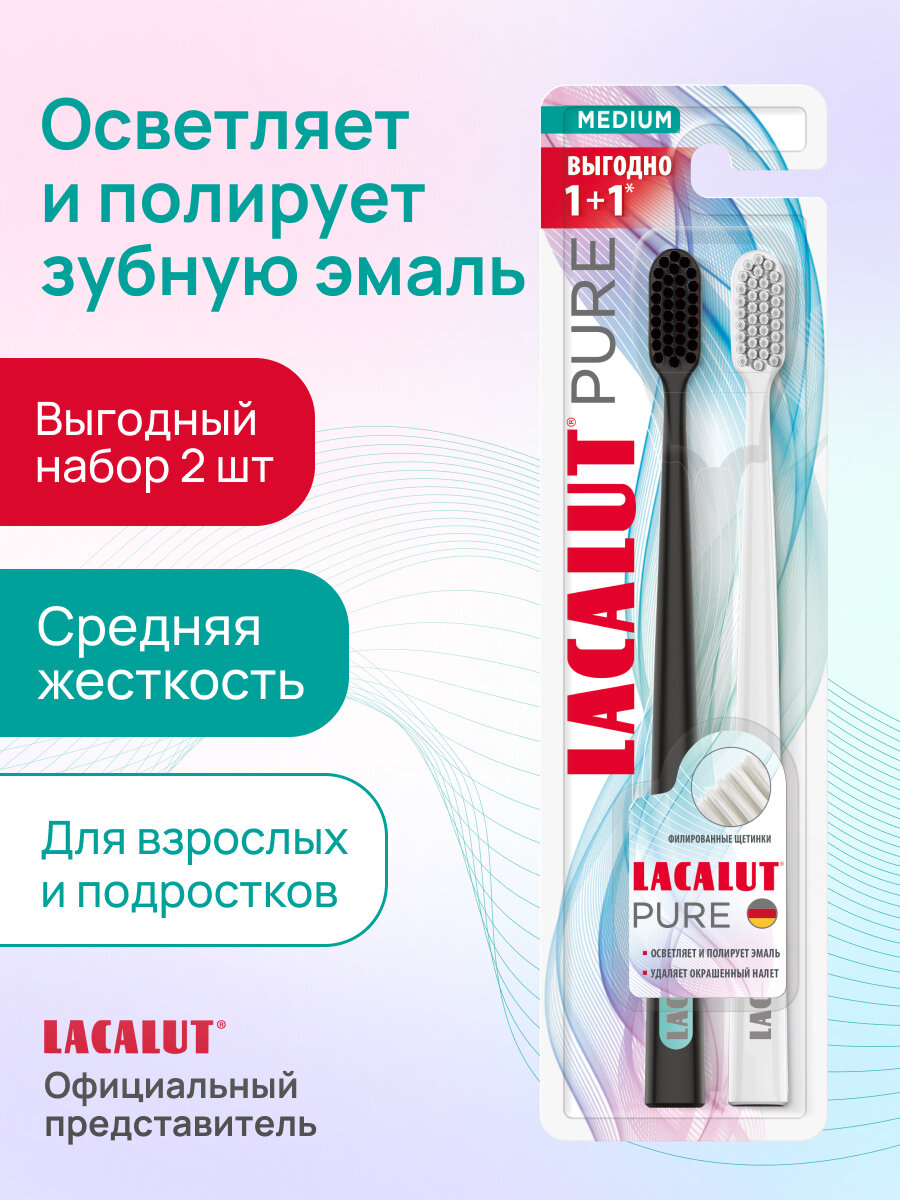 Зубная щетка Lacalut "Pure", средней жесткости с филированными щетинками 1+1 , 2 штуки в упаковке, Белая и Черная