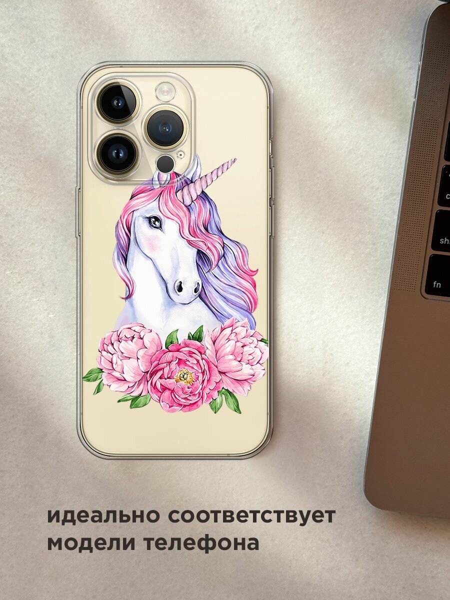 Чехол на Apple iPhone 14 Pro Max / Айфон 14 Про Макс с принтом "Единорог с пионами", прозрачный — фото 1
