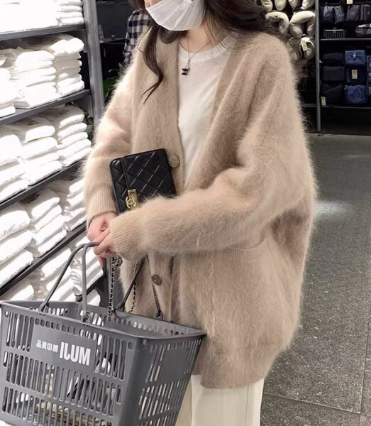 Кардиган Женский светлый хаки Лавсан, Эластан, размер универсальный Пуговицы Мех оверсайз Длинный