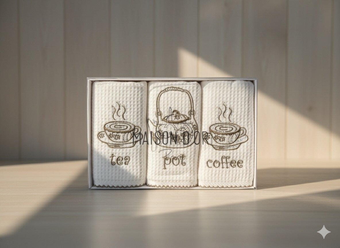 Кухонные вафельные полотенца Maison D’or — идеальный выбор для дома. Набор мягких хлопковых полотенец с вышивкой tea / pot / coffee — фото 1