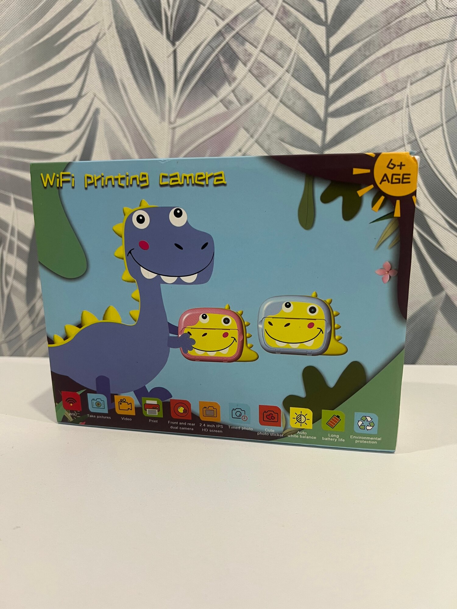 Детский фотоаппарат мгновенной, моментальной печати фото, Wi-Fi Динозаврик/полароид +CD карта 32GB (Голубой)