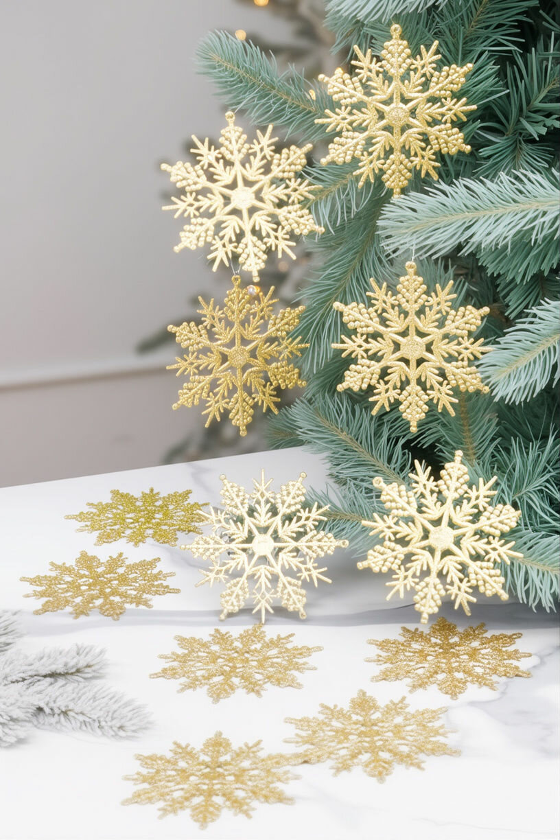 Набор ёлочных украшений снежинки - праздничное изящество, пластик, золотой, 10 см, 12 шт, Winter Deco 1001157
