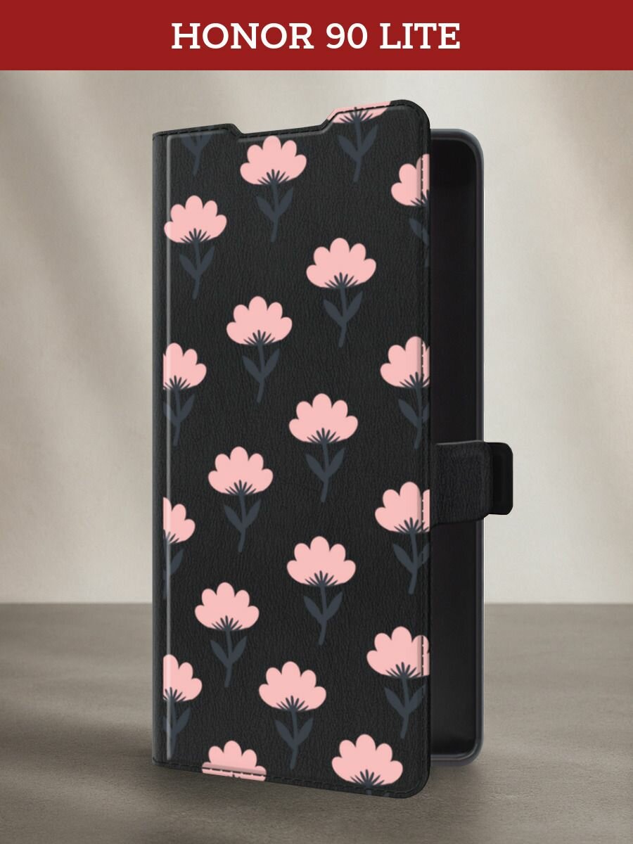 Чехол-книжка на Honor 90 Lite / Хонор 90 Лайт с принтом Паттерн облачные цветы, черный