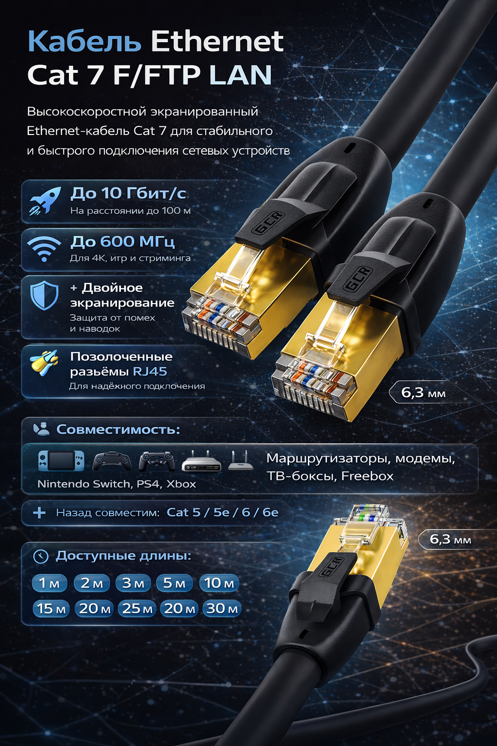 Кабель Ethernet Cat 7 F/FTP RJ45 10м 10 Гбит/с, до 600 МГц, экранированный