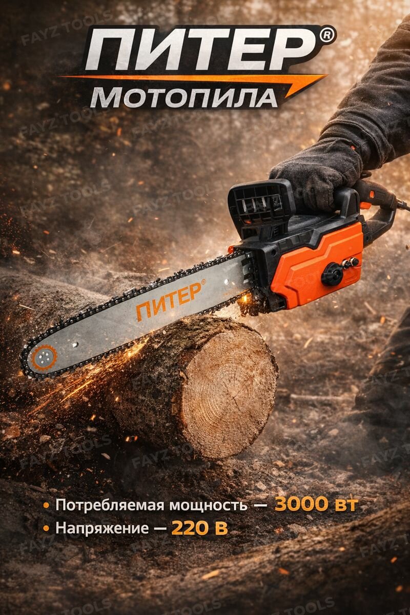 Электрическая цепная пила питер 3000 Вт с шиной 405 мм для распила древесины и дров