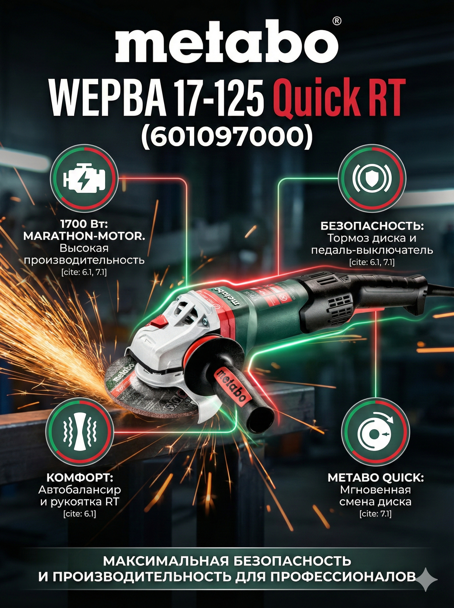 Угловая шлифовальная машина Metabo WEPBA 17-125 Quick RT (601097000)
