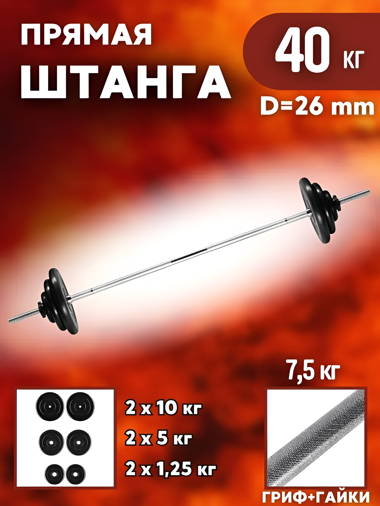 Штанга прямая MB Barbell - 40 кг, D-26mm, стальной гриф + обрезиненные диски.