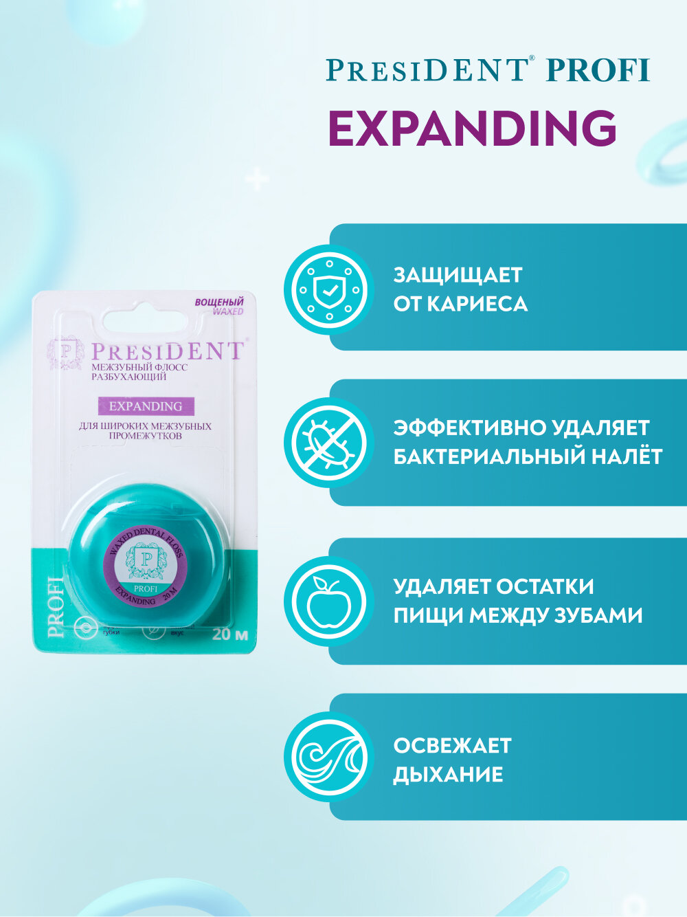 Зубная нить PRESIDENT PROFI Expanding, широкая, разбухающая, 20 м — фото 1