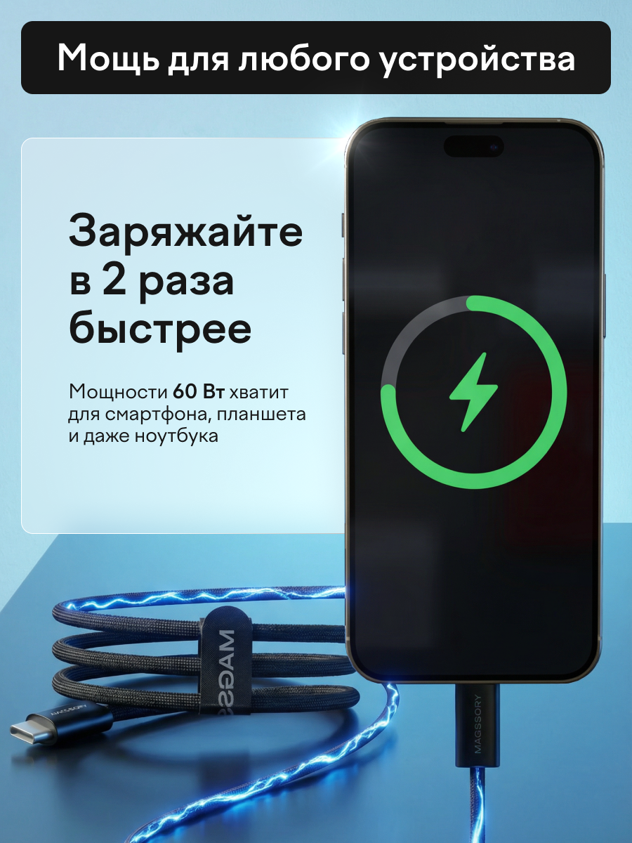 Нейлоновый кабель type-c с быстрой зарядкой 60W 1.5м — фото 1