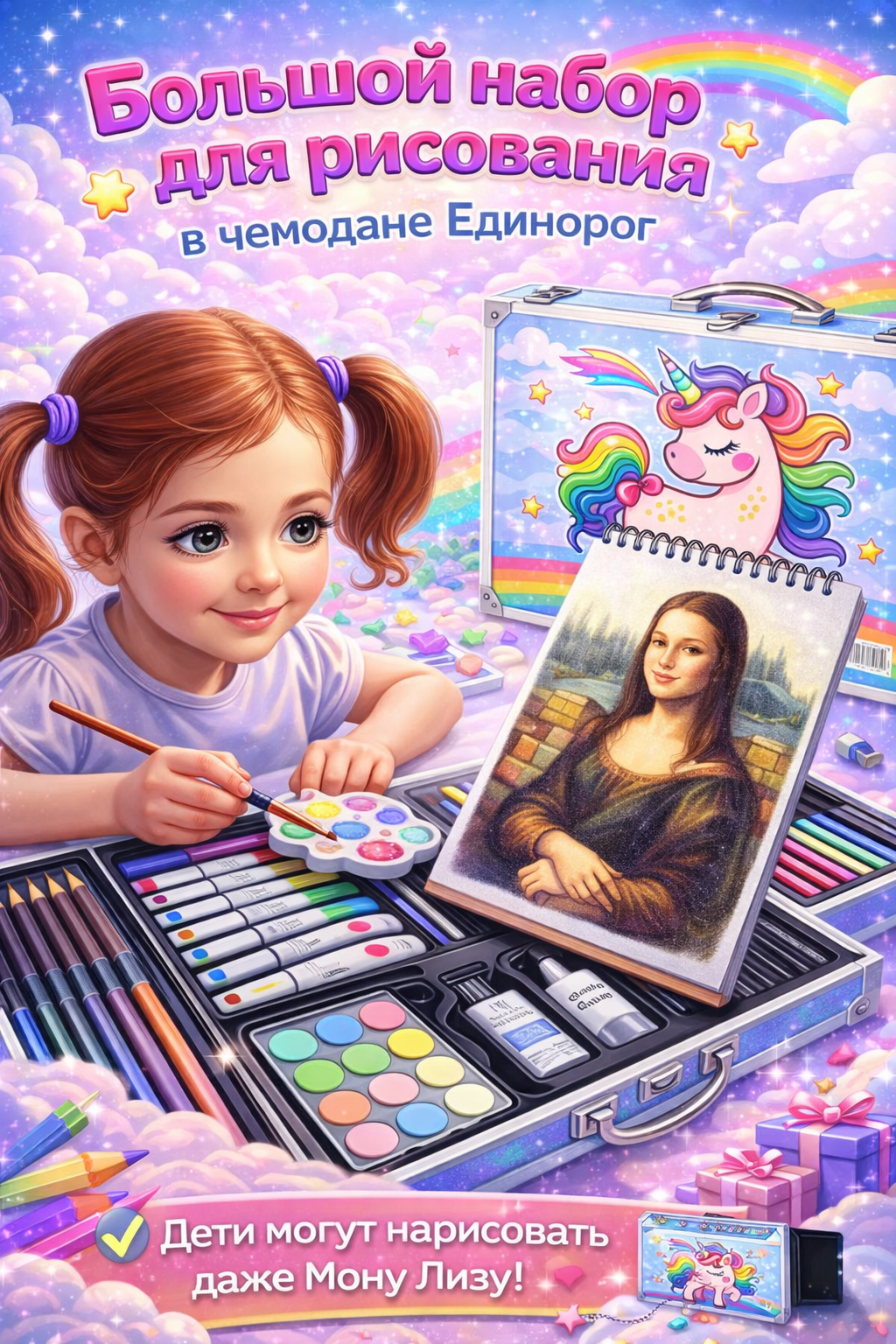 Детский набор для рисования в чемодане с единорогом фломастеры и краски — фото 1