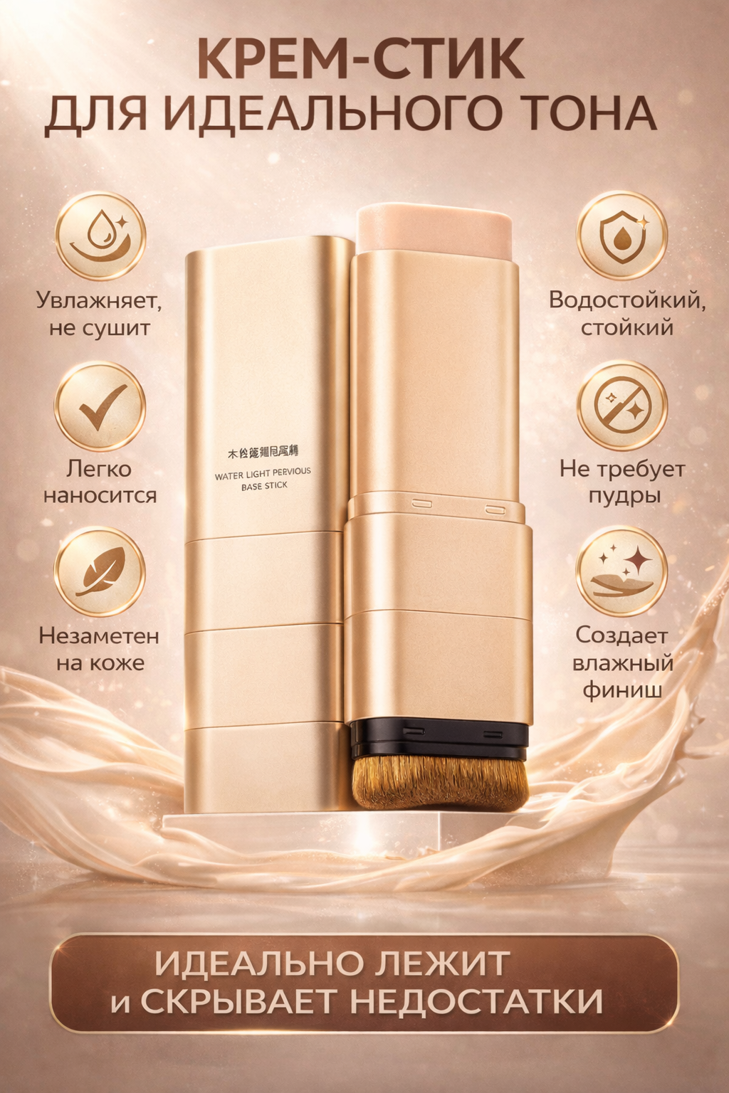 Крем-стик 2-в-1 "Водостойкий", для лица, тон выравнивает, с кистью тон 1