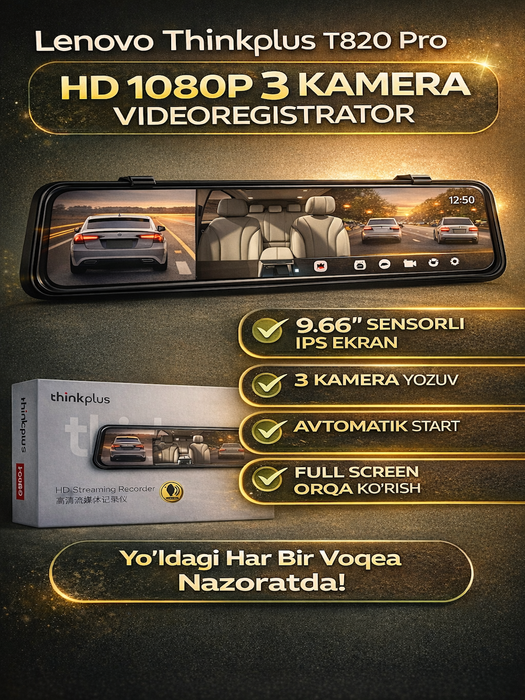 Lenovo Thinkplus T820 pro – автомобильный видеорегистратор с 3 камерами, салон камера, FHD