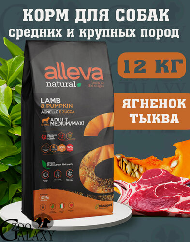 Изображение товара ALLEVA Корм для собак NATURAL LAMB AND PUMPKIN MEDIUM, MAXI 12 кг