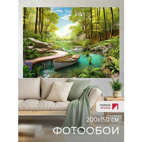 фото Фотообои на стену первое ателье "лодка на реке в лесу" 200х150 см (шхв), флизелиновые premium