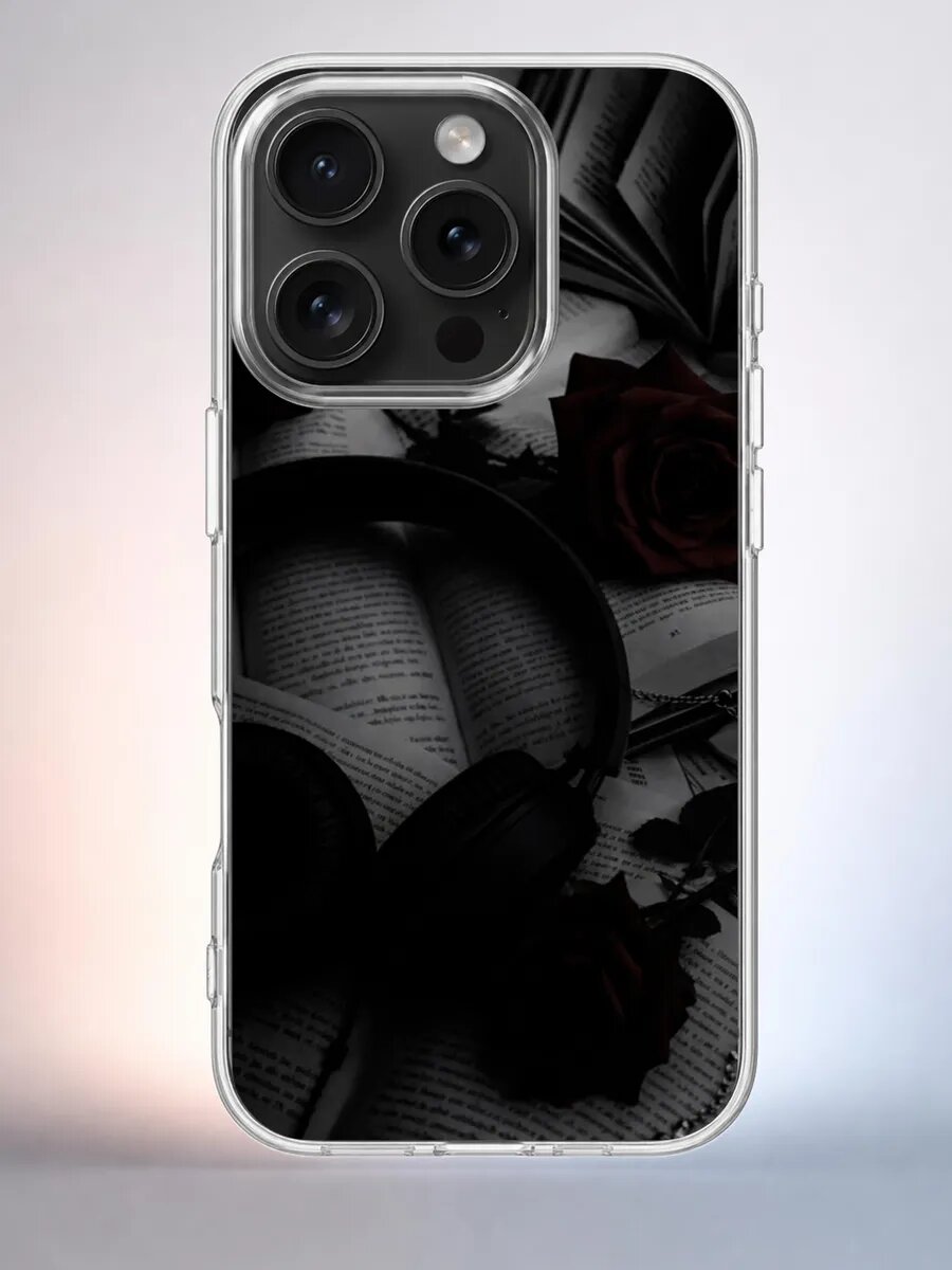 Чехол iPhone 15 Pro Розы и наушники силиконовый прозрачный