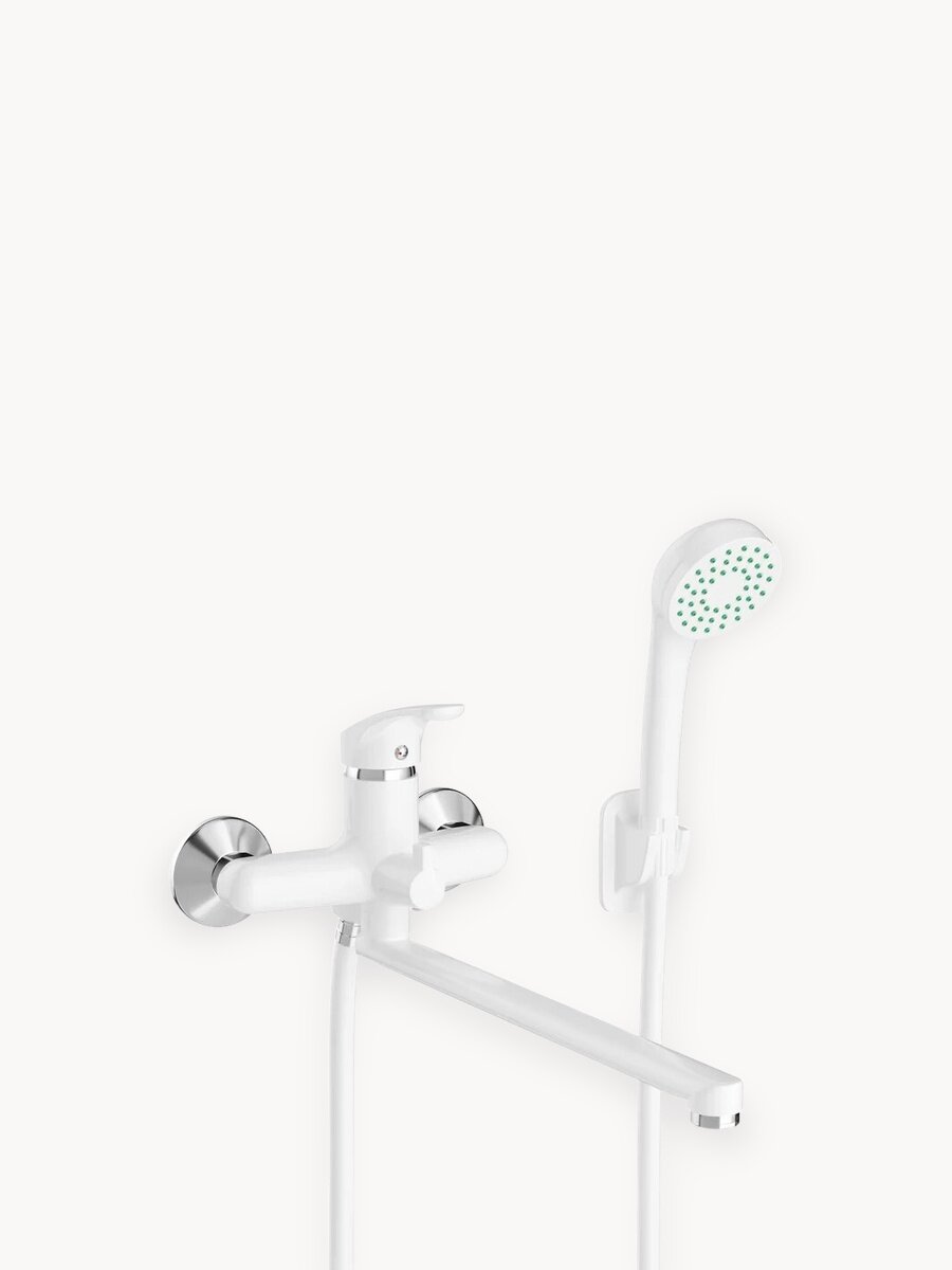 Смеситель с длинным изливом для ванны DIWO Валдай DW-WAL95WH с душевым гарнитуром, поворотный, из ABS-пластика, белый, матовый, смеситель для ванны с душем, рычажный, с настенным держателем