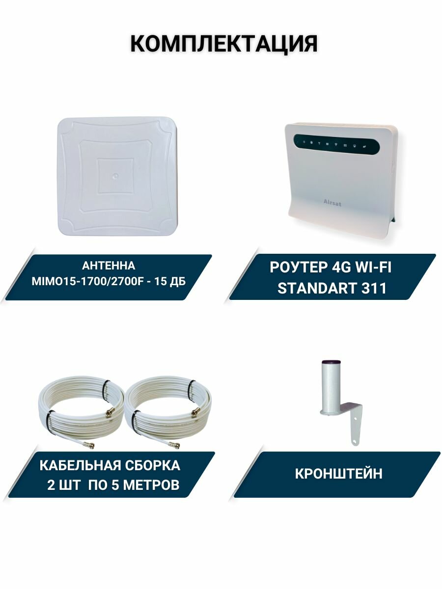 Комплект интернета WiFi для дачи и дома 3G/4G/LTE Standart 311 с антенной усилитель MIMO15-1700/2700F 15ДБ — фото 1