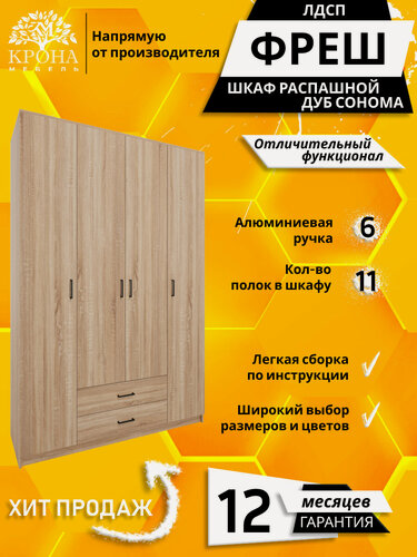 Изображение товара Шкаф для одежды распашной прямой Фреш-4-2, Дуб сонома, ящик, 2200x2000x450 мм, в детскую