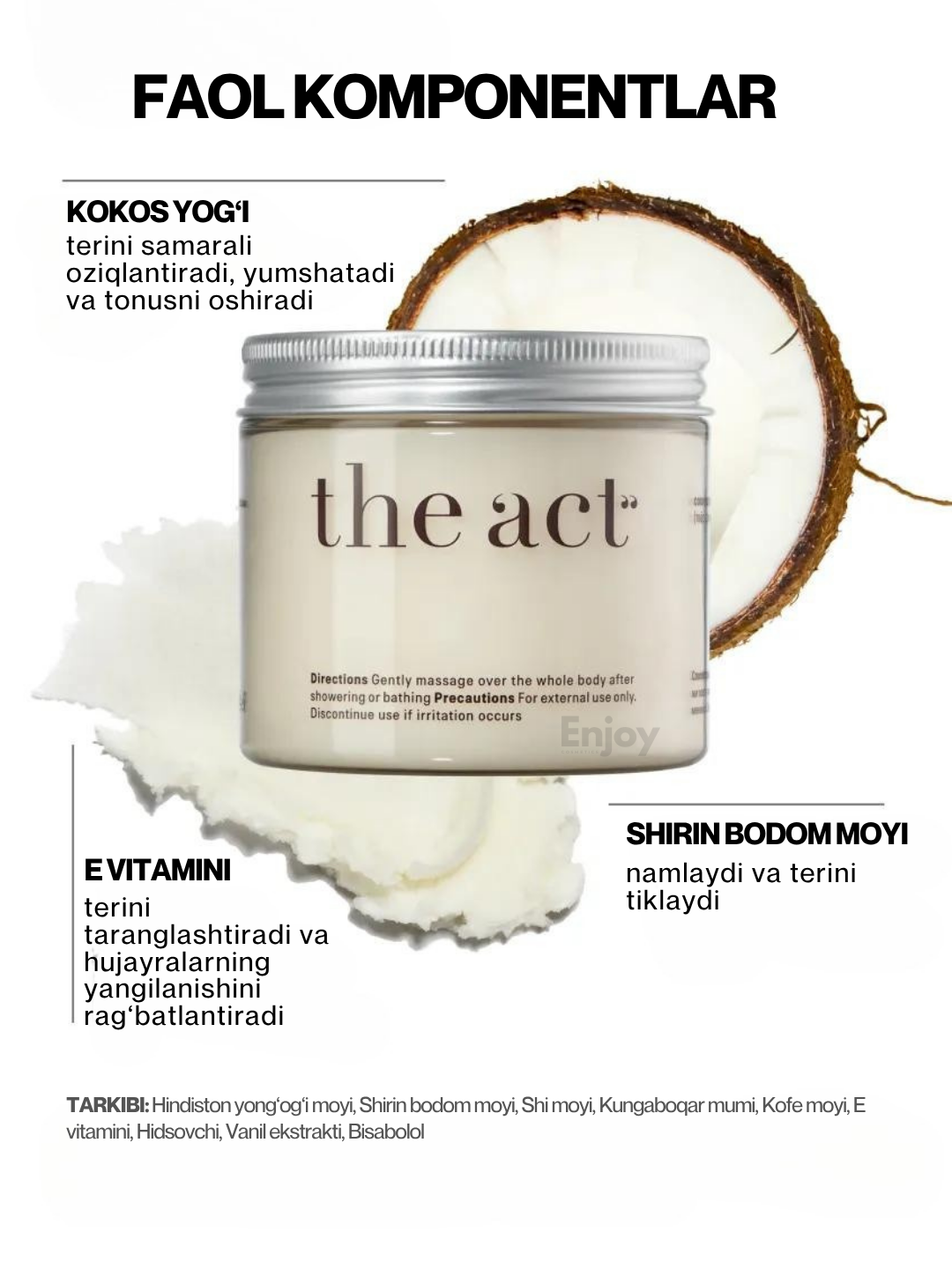 Твердое масло для тела кокосовое The Act, интенсивное увлажнение и питание, 170 гр — фото 1