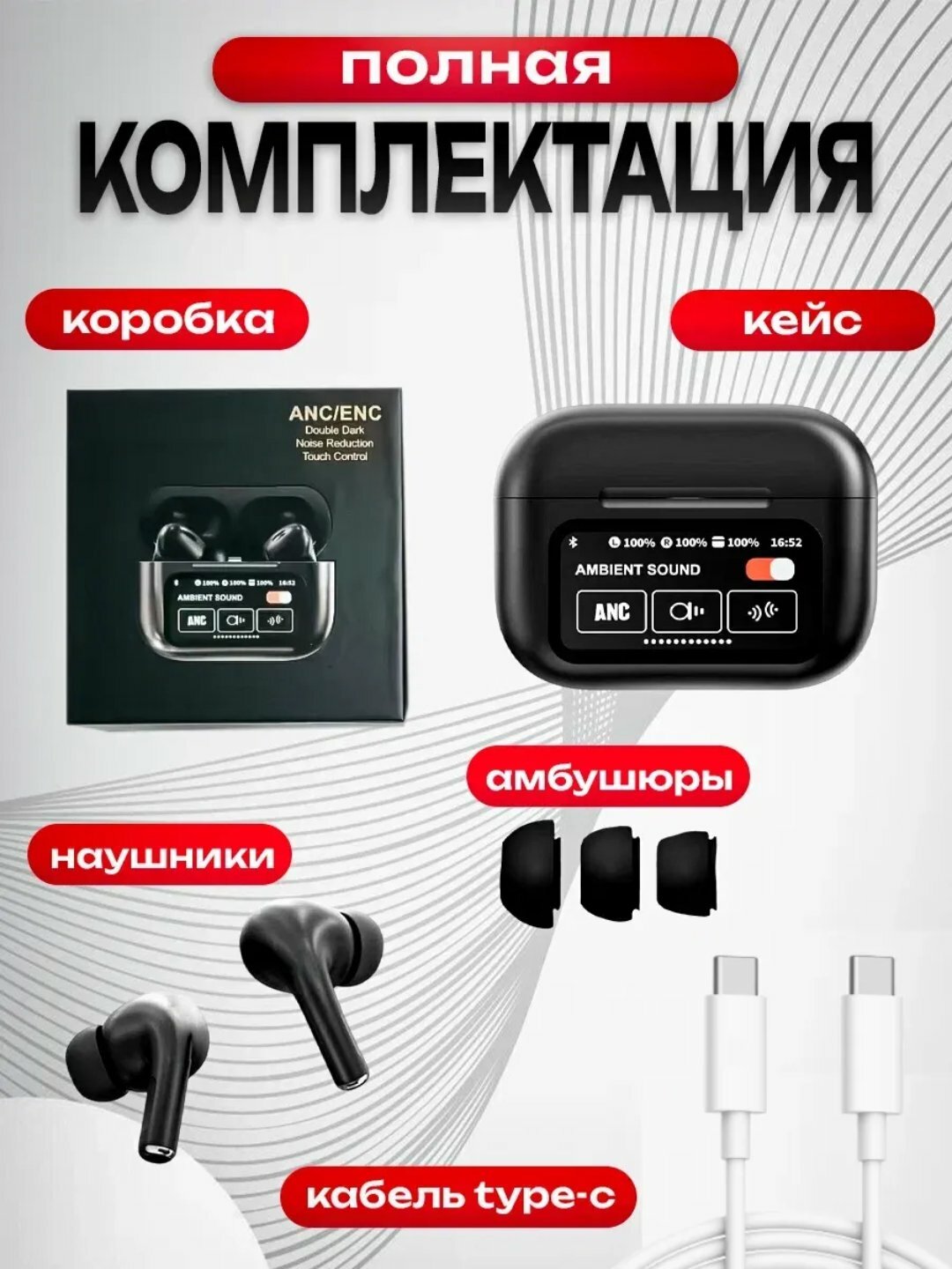 Беспроводные наушники A.Pods Pro 2, сенсорный экран, шумоподавление ANC, чёрный — фото 1