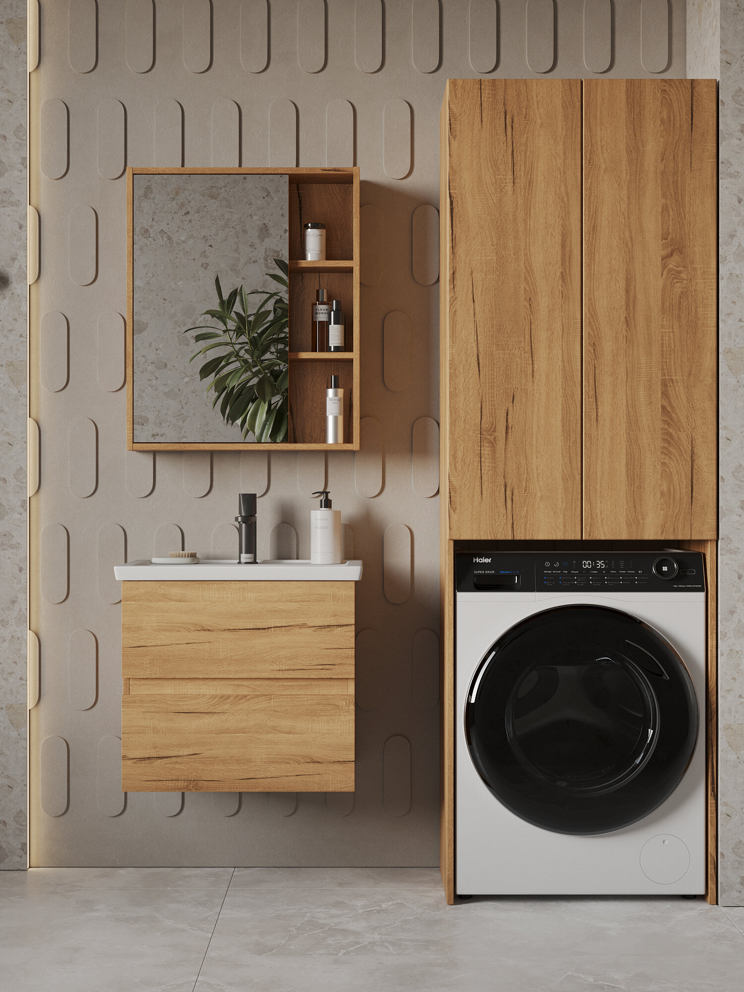 Тумба подвесная Vannika Vastra 60 с раковиной Фостер 60 для ванной комнаты, дуб вотан