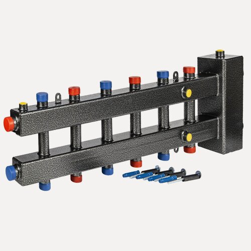 Изображение товара Гидроразделитель с коллектором на 7 контуров (3+3+1) до 120 кВт с кронштейнами, OLRUS, ГК7-110