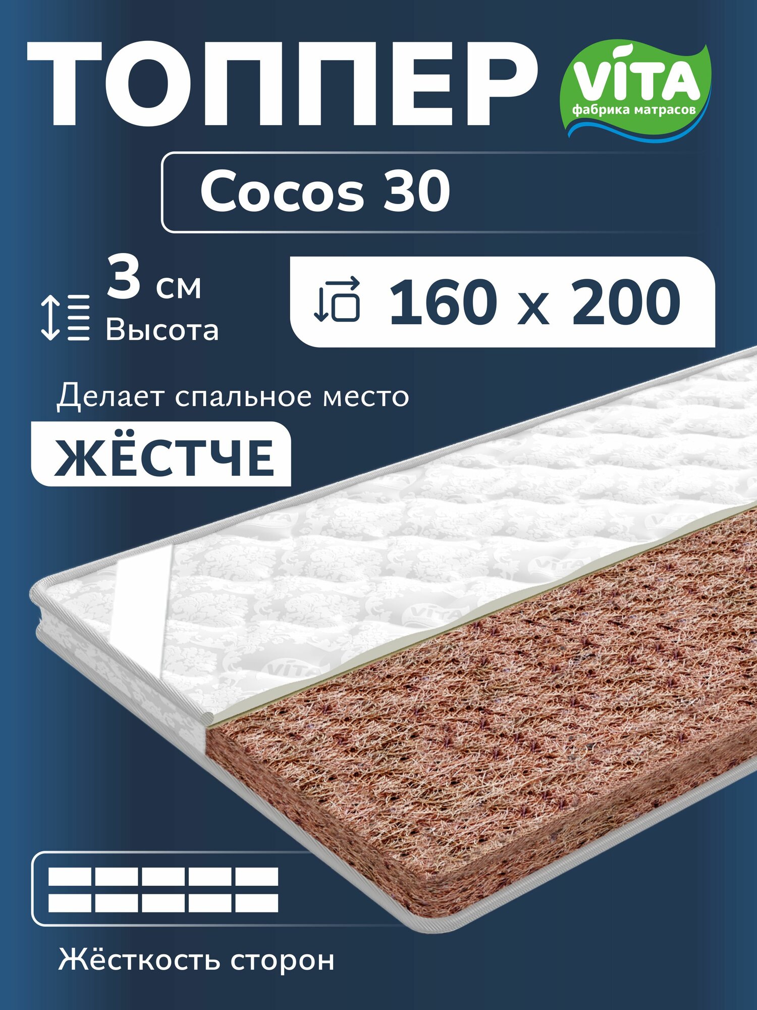 Топпер VITA Cocos, 160 x 200 см, анатомический, гипоаллергенный, хлопковый чехол