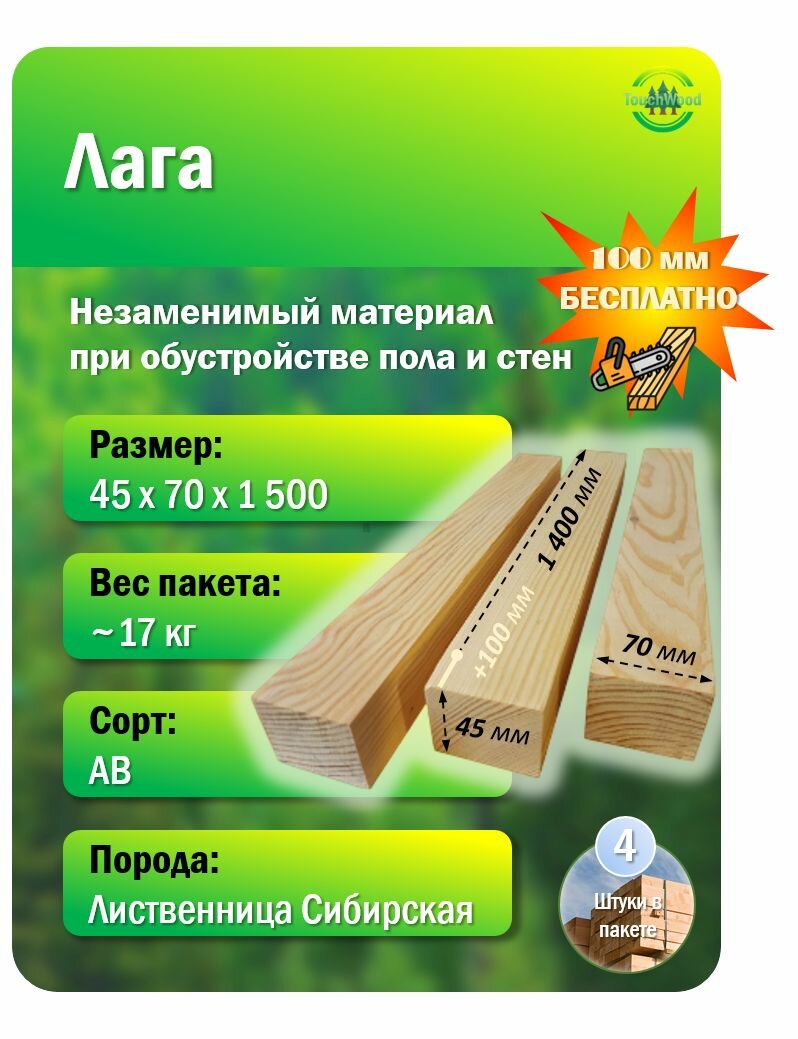 Лага 45х70х1500мм сорт АВ 4 шт