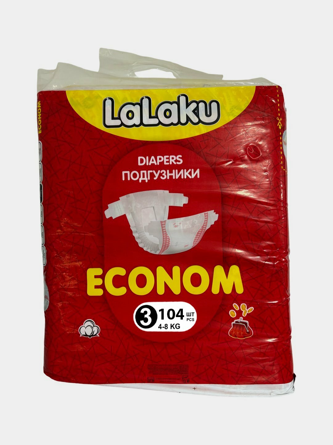 Подгузники на липучке Lalaku Econom, 3 размер, 104 штук, 4-8 кг.