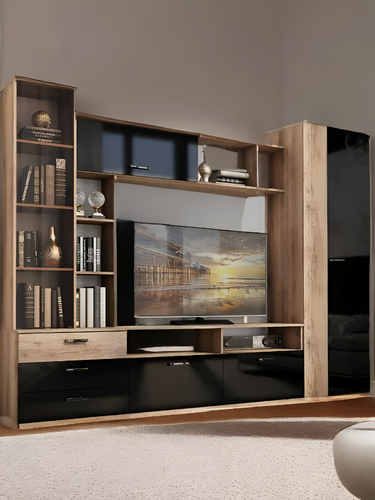 Изображение товара Гостиная комплект Крокус, тумба под телевизор, навесной шкаф, стеллаж, полка, 270х47х209 см, Дуб Делано / Черный глянец