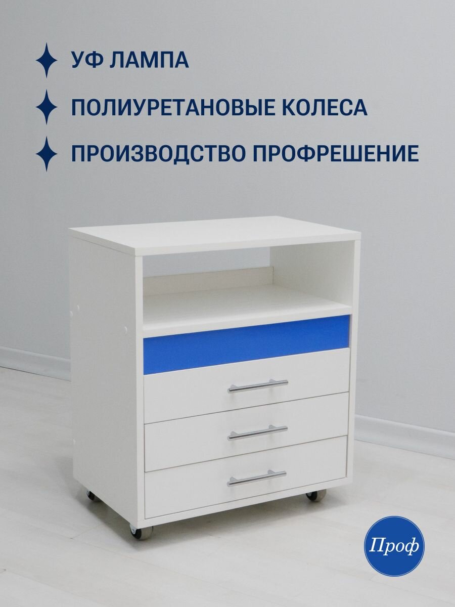 Косметологическая тележка на колесах с 2 ящиками с УФ стерилизатором белая для мастера маникюра и педикюра профессиональная