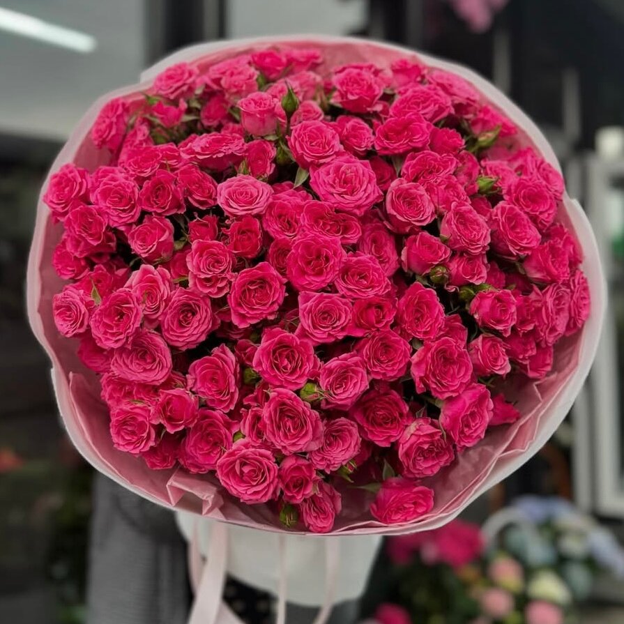 Букет из розовых кустовых роз 51 шт, красивый букет цветов, шикарный, премиум цветы, премиум букет