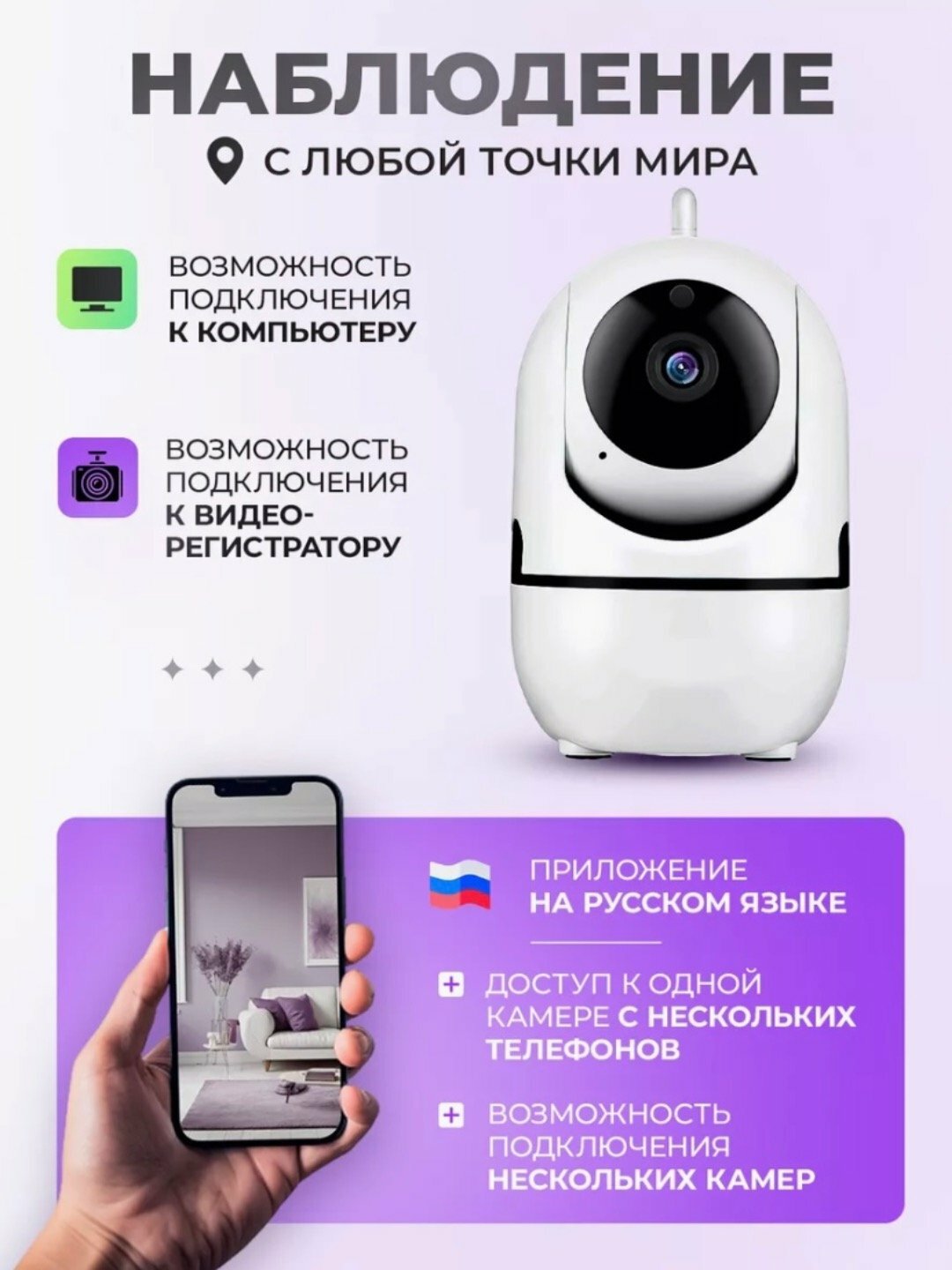 Wi-Fi IP камера видеонаблюдения 1080P FullHD с датчиком движения, ночным видением, поворотом 355°, записью на microSD