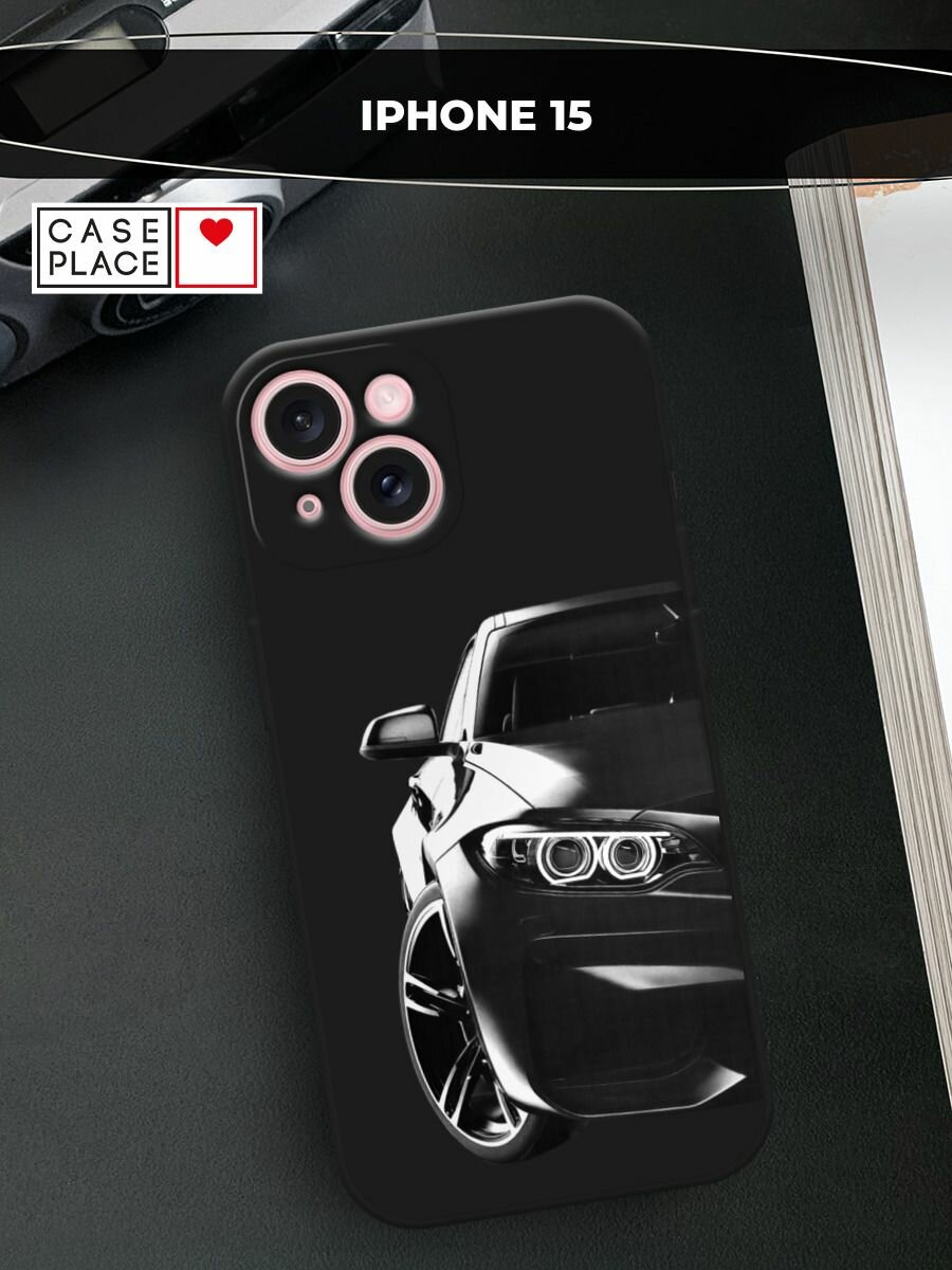 Черный матовый чехол на Apple iPhone 15 / Айфон 15 с принтом "Крутая черная машина"