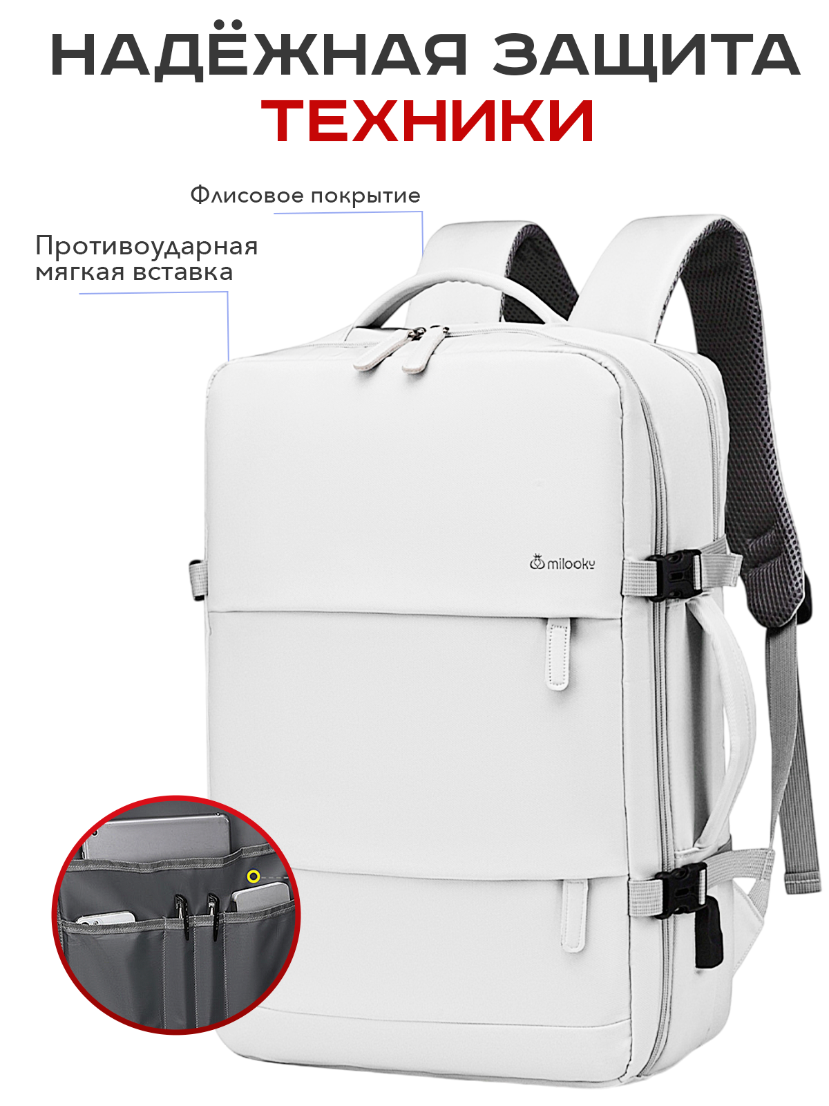 Рюкзак Milooky, влагозащитный, USB-порт, полиэстер, удобная ручка, белый — фото 1