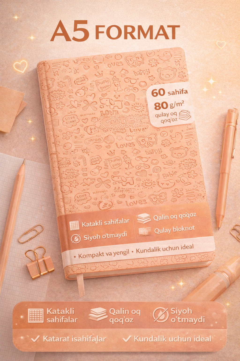 Блокнот A5 в клетку, с плотной белой бумагой, 80 г/м², 60 страниц, удобный для ежедневных записей