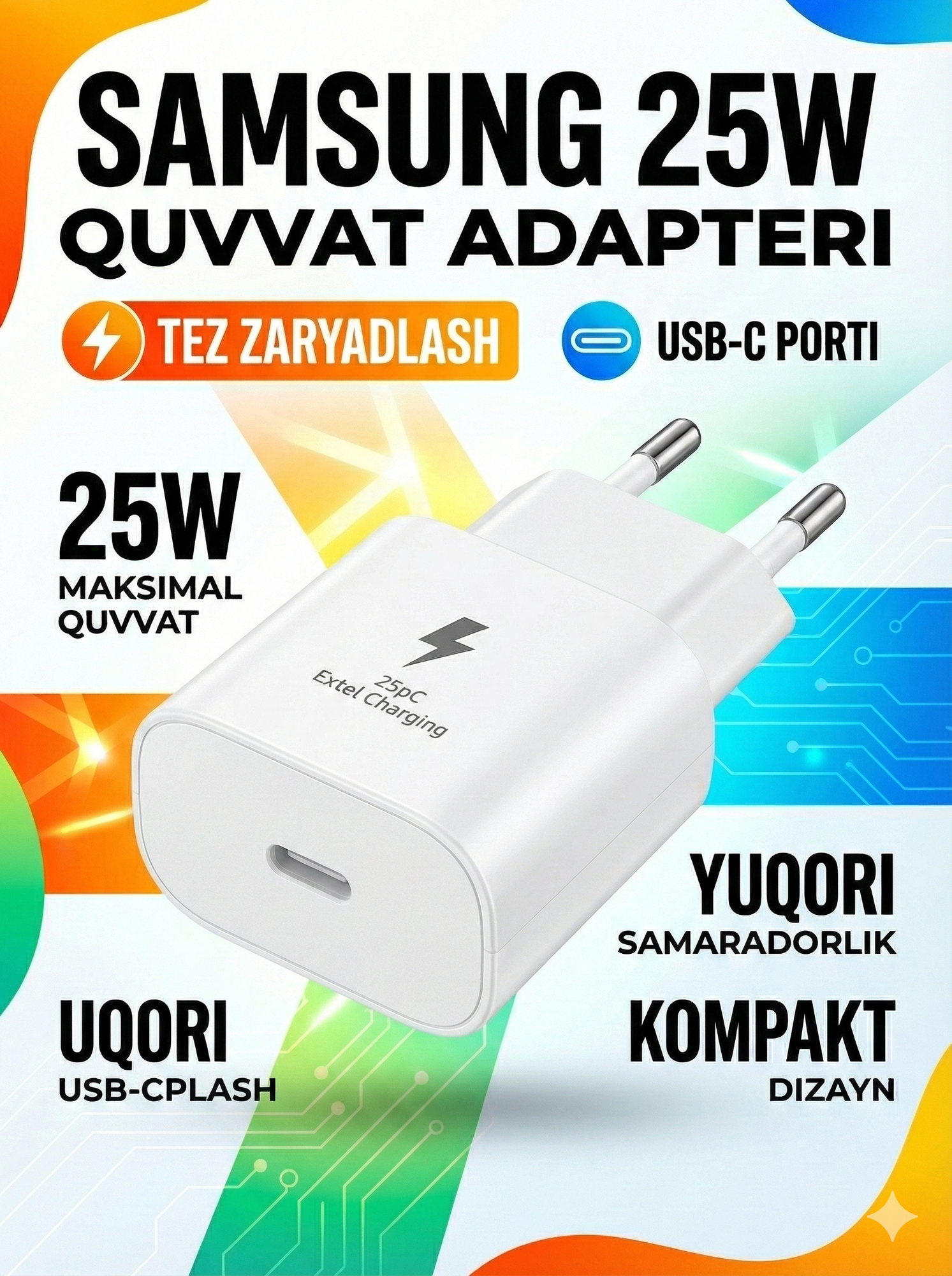 Samsung T2510 tarmoq zaryadlovchi - 25 Vt tez zaryadlovchi, original Type-C adapteri