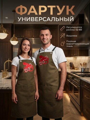 Изображение товара Фартук Мужской и женский с вышивкой "Осьминог" (хаки) 70х95см.