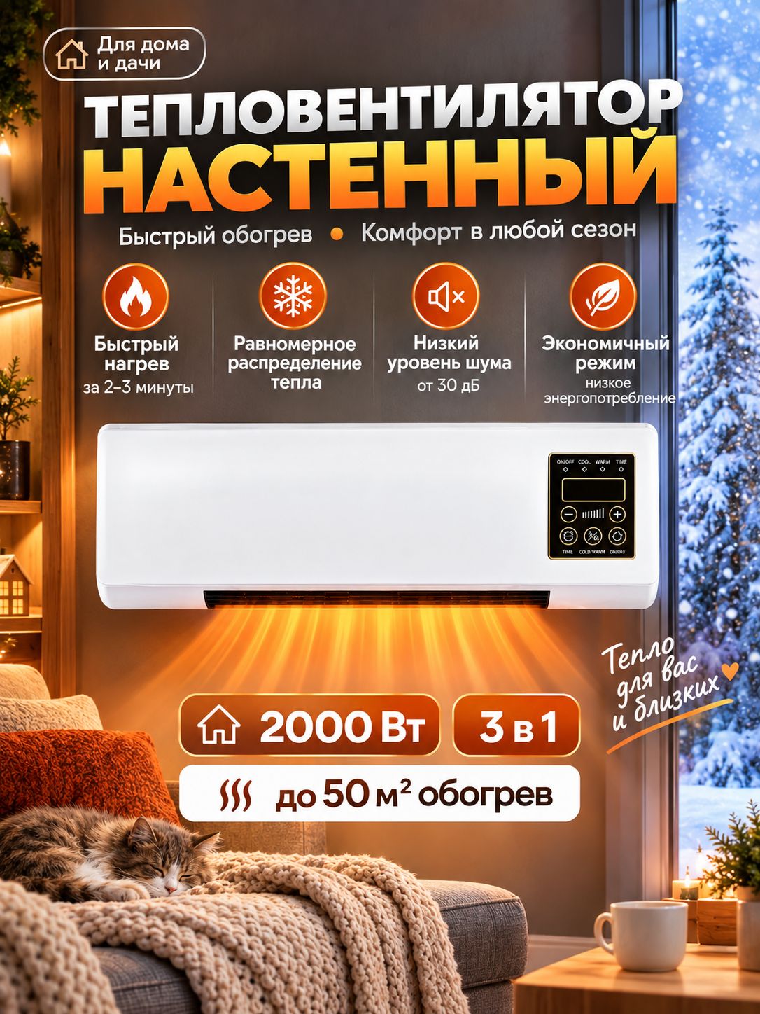 Обогреватель для дома электрический настенный, 2000 Вт, Артикул: 5832561313