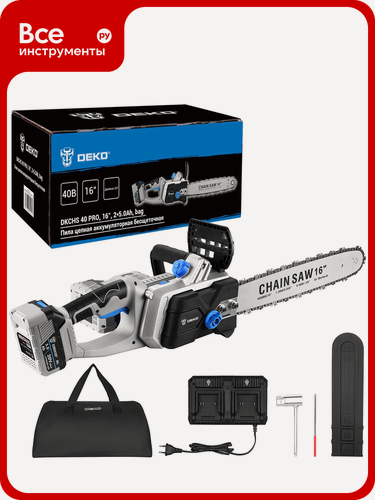 Изображение товара Пила цепная аккумуляторная DEKO DKCHS 40 PRO, 16", 2x20 В, 2x5.0 Ач, в сумке, 2 з/у, 085-2019