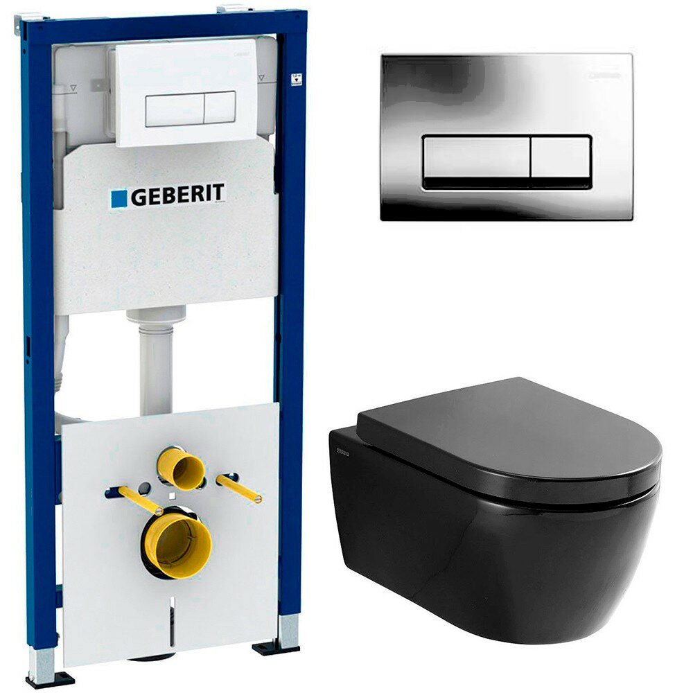 Инсталляция Geberit Duofix 458.128.21.1 + унитаз SSWW CT2038 black безободковый с сиденьем