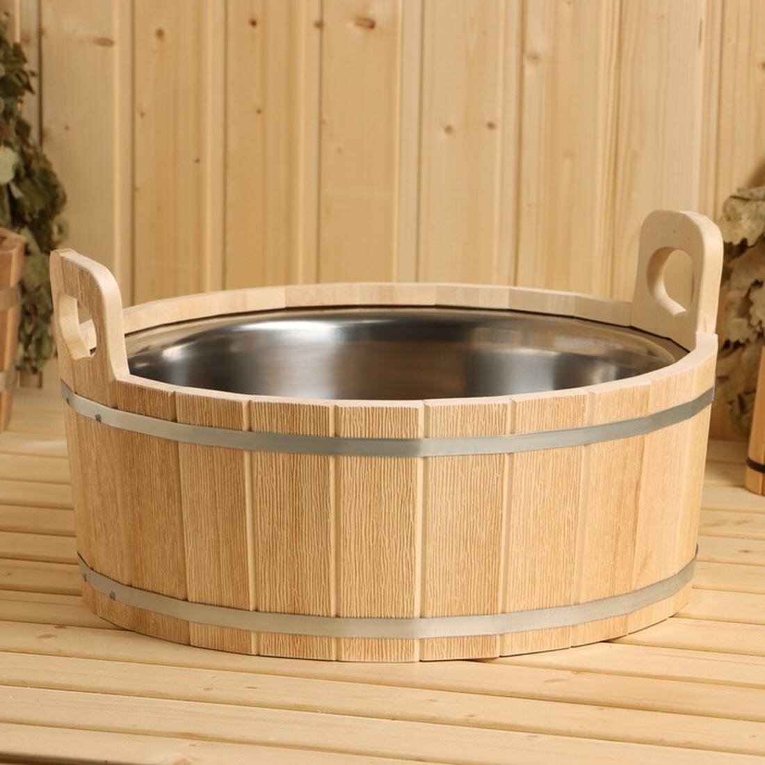 Шайка из липы объем 17 л двуручная нержавеющая вставка бежевый