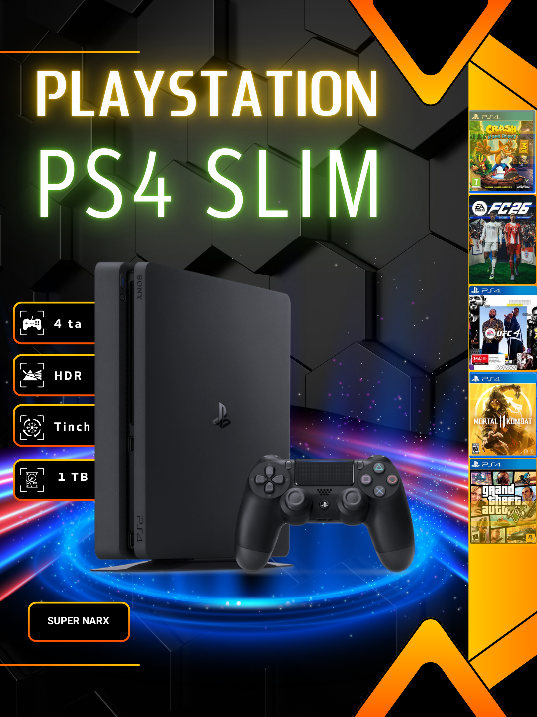 Игровая консоль PlayStation 4 Slim, 1TB, 4 джойстика и 15 игр в комплекте