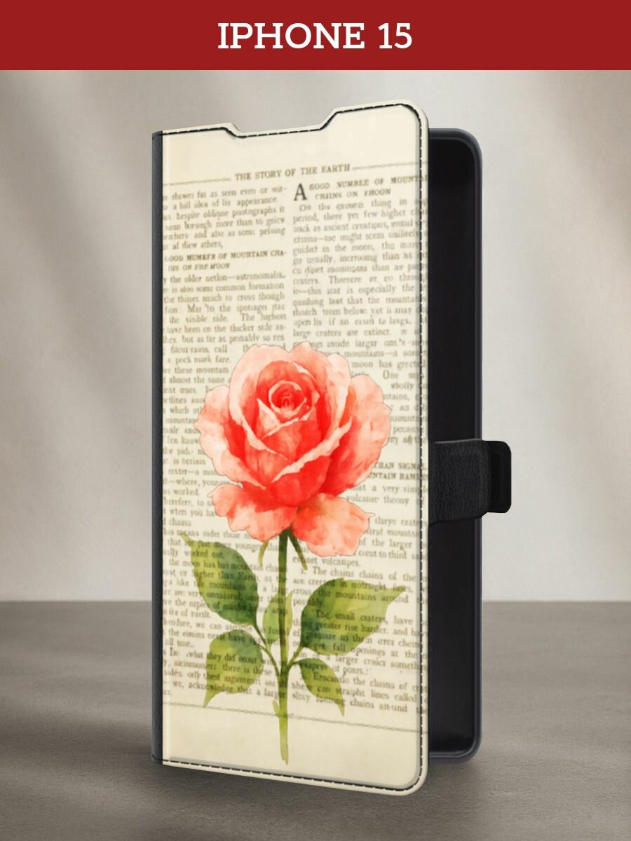 Чехол-книжка на Apple iPhone 15 / Айфон 15 с принтом Гербарий роза, черный